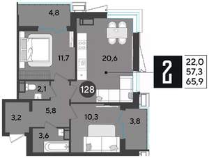 2-к квартира, строящийся дом, 66м2, 16/18 этаж