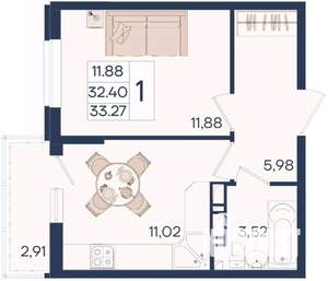 1-к квартира, вторичка, 33м2, 11/18 этаж