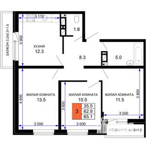 3-к квартира, строящийся дом, 65м2, 5/16 этаж