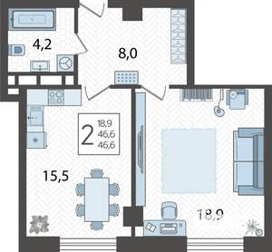 2-к квартира, строящийся дом, 46м2, 8/16 этаж