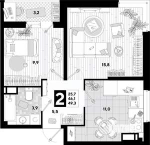 2-к квартира, вторичка, 49м2, 5/16 этаж