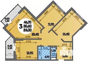 3-к квартира, строящийся дом, 84м2, 3/22 этаж