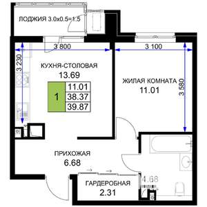 1-к квартира, вторичка, 40м2, 4/16 этаж