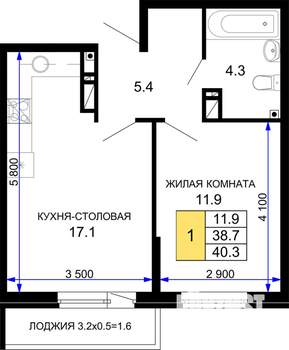 1-к квартира, строящийся дом, 40м2, 4/16 этаж