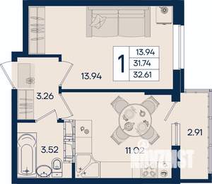 1-к квартира, вторичка, 33м2, 14/18 этаж