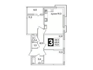 3-к квартира, вторичка, 73м2, 10/16 этаж