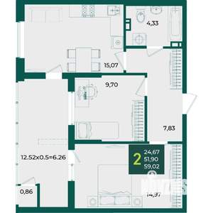 2-к квартира, вторичка, 59м2, 3/18 этаж