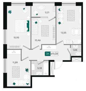 3-к квартира, вторичка, 69м2, 9/9 этаж