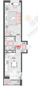 1-к квартира, вторичка, 46м2, 12/19 этаж