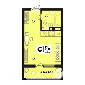 1-к квартира, строящийся дом, 23м2, 2/9 этаж
