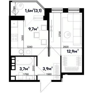 1-к квартира, строящийся дом, 32м2, 2/9 этаж
