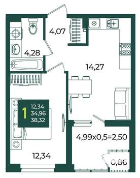 1-к квартира, вторичка, 38м2, 2/18 этаж