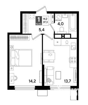 1-к квартира, строящийся дом, 37м2, 17/19 этаж