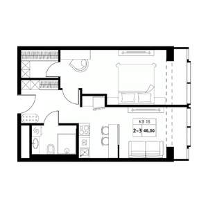 2-к квартира, строящийся дом, 46м2, 12/19 этаж