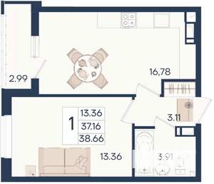 1-к квартира, вторичка, 39м2, 14/18 этаж