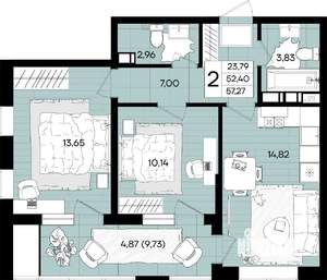 2-к квартира, вторичка, 57м2, 5/18 этаж