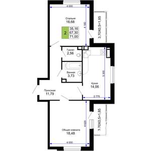 2-к квартира, вторичка, 71м2, 13/15 этаж