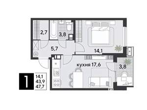 1-к квартира, вторичка, 48м2, 6/9 этаж
