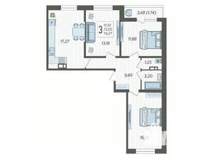 3-к квартира, вторичка, 74м2, 5/19 этаж