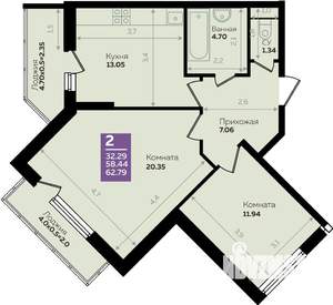 2-к квартира, сданный дом, 59м2, 2/25 этаж