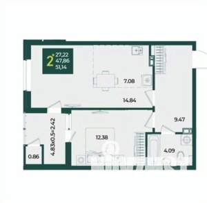2-к квартира, вторичка, 51м2, 12/18 этаж