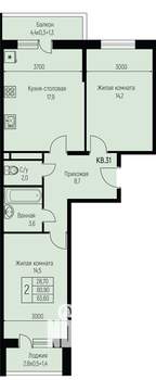 2-к квартира, строящийся дом, 64м2, 3/3 этаж