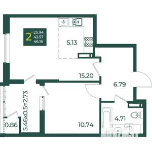 2-к квартира, вторичка, 46м2, 15/18 этаж