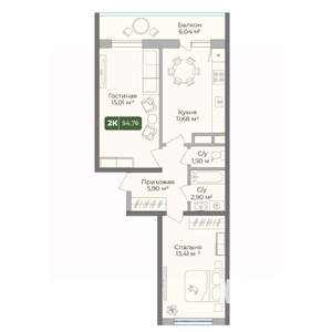 2-к квартира, вторичка, 55м2, 9/10 этаж