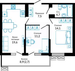 2-к квартира, вторичка, 62м2, 18/23 этаж