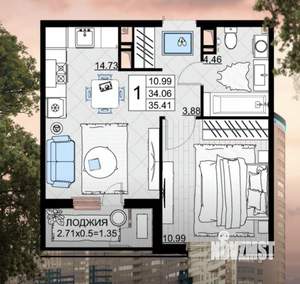 1-к квартира, вторичка, 35м2, 8/19 этаж