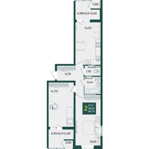 2-к квартира, вторичка, 65м2, 9/18 этаж