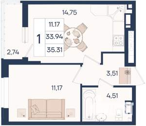 1-к квартира, вторичка, 35м2, 3/18 этаж