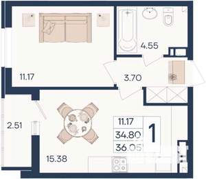 1-к квартира, вторичка, 36м2, 4/18 этаж