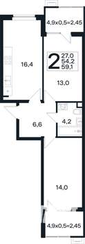 2-к квартира, вторичка, 59м2, 1/4 этаж