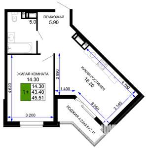 1-к квартира, вторичка, 46м2, 3/12 этаж