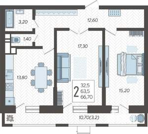 2-к квартира, строящийся дом, 68м2, 9/12 этаж