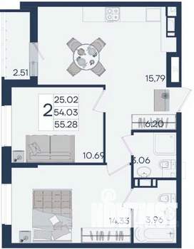 2-к квартира, вторичка, 55м2, 3/18 этаж