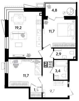 2-к квартира, строящийся дом, 65м2, 2/18 этаж