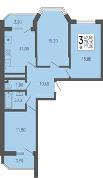 3-к квартира, строящийся дом, 77м2, 18/22 этаж