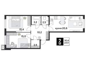 2-к квартира, вторичка, 70м2, 8/9 этаж