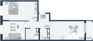 2-к квартира, вторичка, 58м2, 18/18 этаж