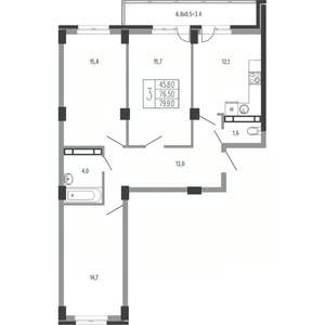 3-к квартира, вторичка, 82м2, 12/15 этаж
