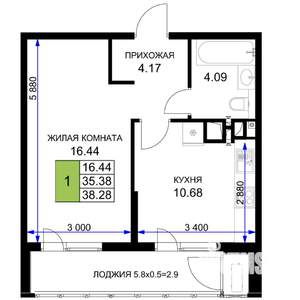 1-к квартира, вторичка, 38м2, 7/16 этаж