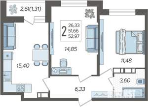 2-к квартира, вторичка, 53м2, 15/19 этаж