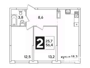 2-к квартира, вторичка, 56м2, 13/16 этаж