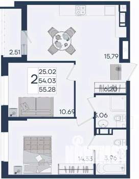 2-к квартира, вторичка, 55м2, 5/18 этаж