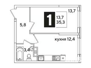 1-к квартира, вторичка, 35м2, 8/16 этаж