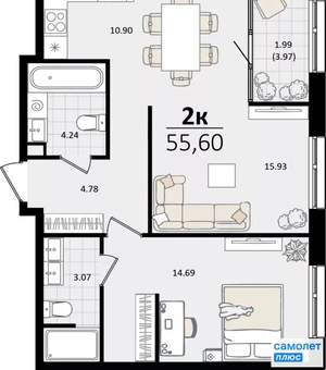 2-к квартира, вторичка, 56м2, 10/18 этаж