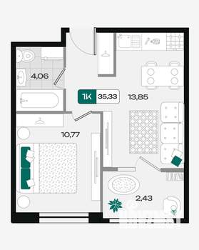 1-к квартира, вторичка, 35м2, 8/18 этаж
