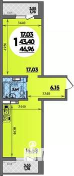 1-к квартира, строящийся дом, 47м2, 3/16 этаж